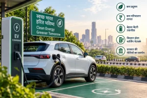 भारत में इलेक्ट्रिक कारों का भविष्य: क्या पेट्रोल-डीजल गाड़ियों का दौर खत्म होगा? 2 इलेक्ट्रिक कार को चार्जिंग स्टेशन पर चार्ज करते हुए, साथ में स्वच्छ ऊर्जा और EV इंफ्रास्ट्रक्चर के लाभ दर्शाता दृश्य